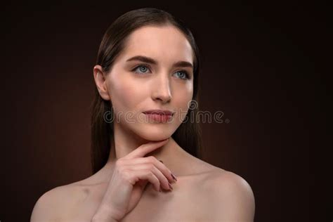 Cheerful Bare Brunette Touching Both Shoulders Stock Photos Free