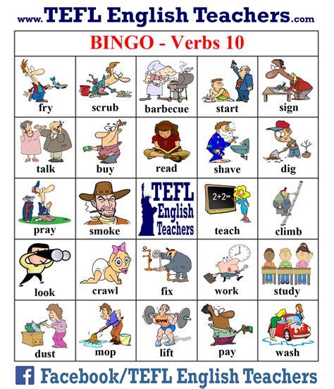 TEFL English Teachers BINGO Verbs Game Board 10 Of 20 1 Verbos