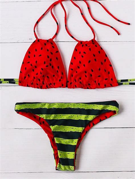 Watermelon Print Double Strappy Bikini Set Printed Halter Bikini