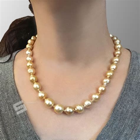Authentic Golden Cultured Pearl Necklace Genuine South Sea Pearl And Kt Solid Gold Clasp