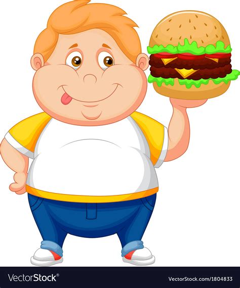 Fat Boy Cartoon Smiling And Ready To Eat A Big Ham Vector Image By
