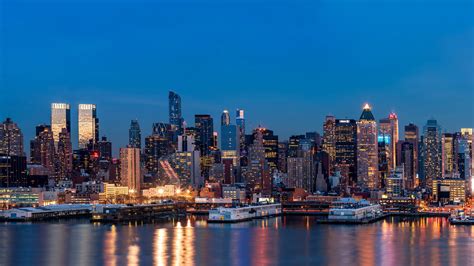 Usa Skyscrapers Rivers Marinas New York City Night Megapolis