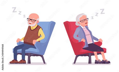 Old People Elderly Man Woman Sleeping In Armchair Senior Citizens