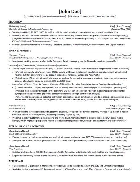 Investment Banking Resume Template And Example 10x Ebitda