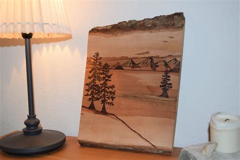 Brandmalerei Birnenholz Holz Mit Rinde Landschaft Bäume Etsyde
