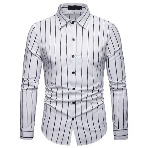 White Striped Shirt Men 2019 Spring New Slim Fit Long Sleeve Dress