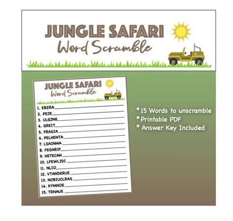 The Jungle Safari Word Scramble Is Shown In Green And Brown With An