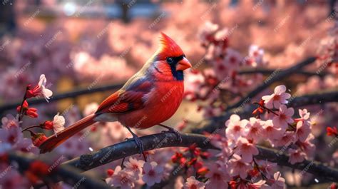 Premium Ai Image Red Bird On Tree Branch Hd 8k Wallpaper Background