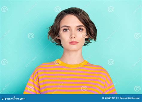 Portrait Of Attractive Calm Content Brown Haired Girl Wearing Striped T