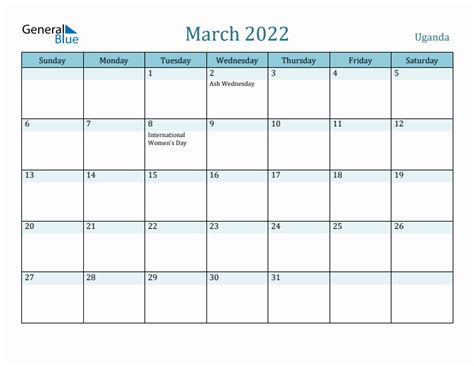March 2022 Monthly Calendar With Uganda Holidays