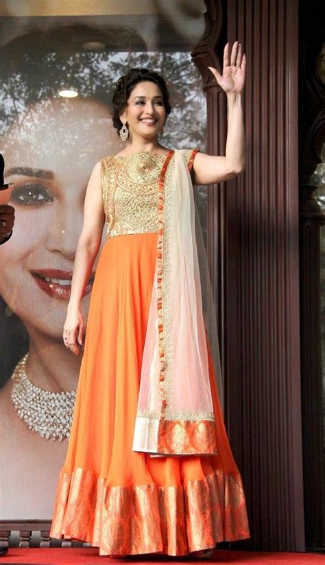 Fashion Madhuri Dixit Nene In Gorgeous Orange Anarkali Outfit Desi