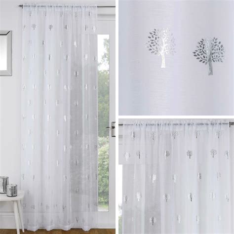 White Voile Curtain Silver Metallic Tree Slot Top Panels Rod Pocket