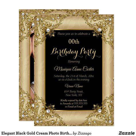 Elegant Black Gold Cream Photo Birthday Party Invitation