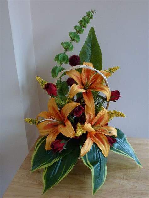 Silk Flower Basket Arrangement With Orange Lillies And Red Rose Buds By