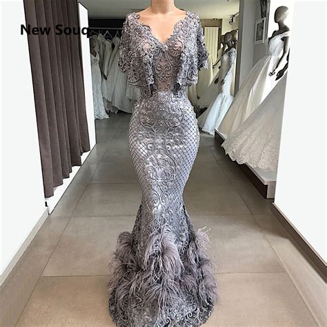 Gorgeous Lace Mermaid Evening Dresses With Feather Saudi Arabic Evening