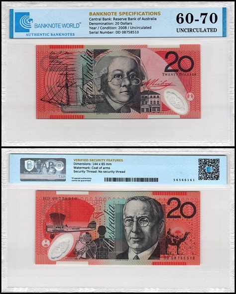 Australia 20 Dollars Banknote 2008 P 59f Unc Polymer Tap 60 70