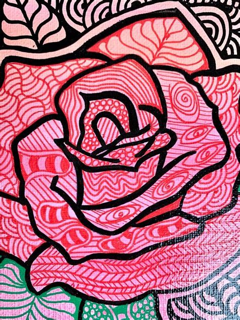 Hand Painted Zentangle Rose On Stretched Canvas With Pink Etsy