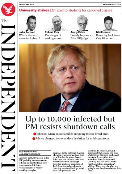 The Independent Uk Front Page For 13 March 2020 Paperboy Online