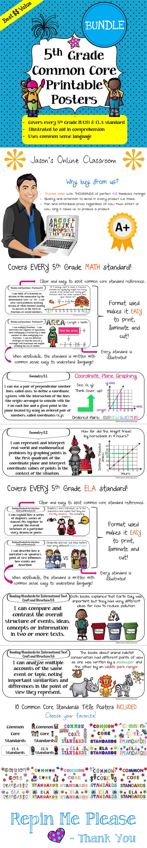Common Core Standards Posters for 5th Grade: I Can Statements | Common core kindergarten, Common ...
