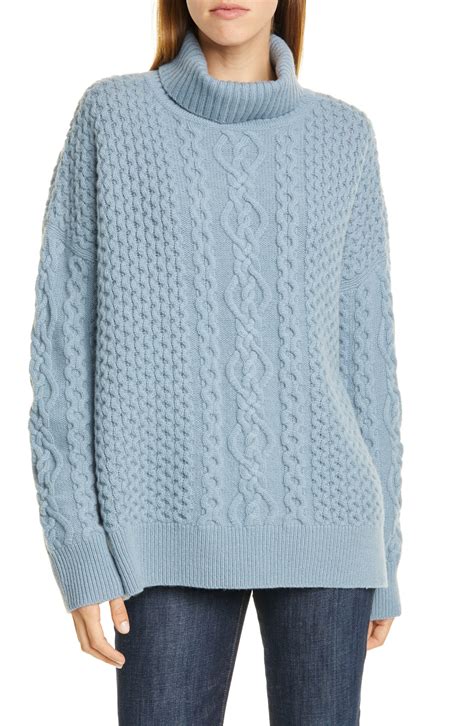 Nordstrom Oversize Cable Knit Cashmere Turtleneck Sweater In Blue