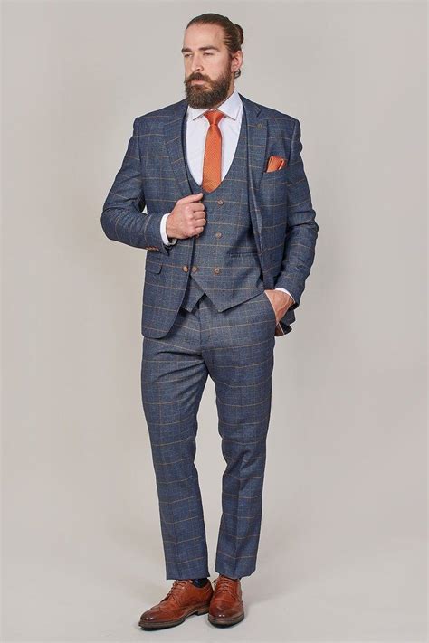 marc darcy jenson marine navy check 3 piece suit double breasted waistcoat blue three piece