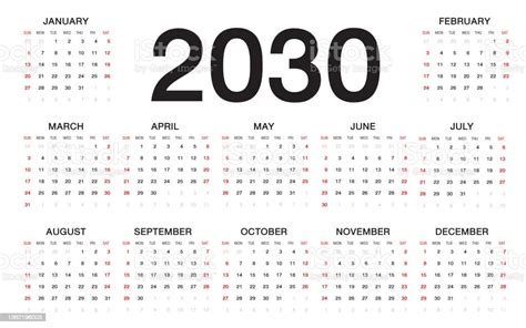 Calendar 2030 Template Vector Set Of 12 Months Calendar 2030 Year For