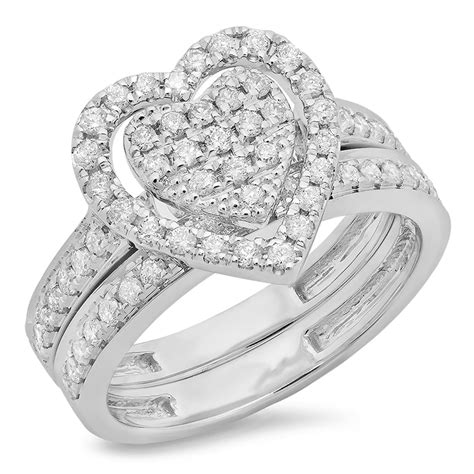 Sterling Silver Round Diamond Heart Shaped Bridal Engagement Ring Set Size 55