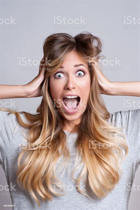 Young Woman Shows Off Her Emotional Fear And Scream Stock Photo