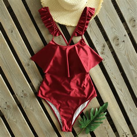 Sexy Red Off The Shoulder Ruffle Swimsuit New One Piece Swimsuit Lace