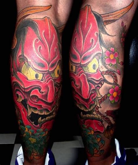 red ink japanese hannya tattoo on back leg hannya mask tattoo leg tattoos tattoos