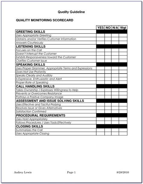 Call Center Scorecard Template Excel