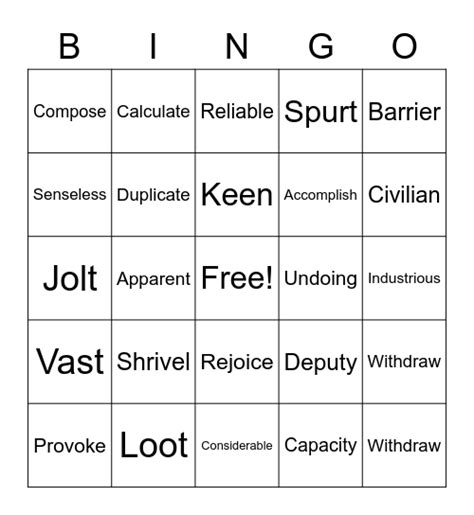 Vocabulary Unit 7 Bingo Card