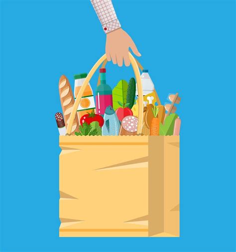 Paper Shopping Bag Full Of Groceries Products Stock Vector