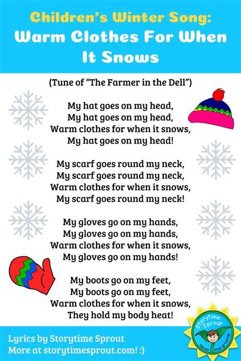 Try our search engine for more results. Winter clothing song to sing with children. Lyrics by Storytime Sprout. | Winter songs for ...