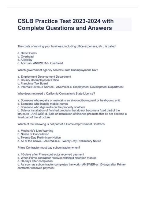 CSLB Practice Test with Complete Questions and Answers - Cslb b license