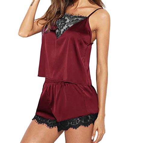 Sexy Lingerie Women Sleepwear Sleeveless Strap Nightwear Lace Trim Satin Cami Top Sets Underwear