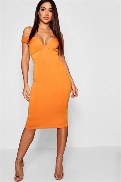 Womens Sweetheart Off Shoulder Bodycon Midi Dress Orange 2 Midi Dress Bodycon Midi Dress