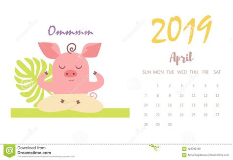 Pig Vector Cartoon Isolated Art Flat April Calendar 2019 Stock Vector