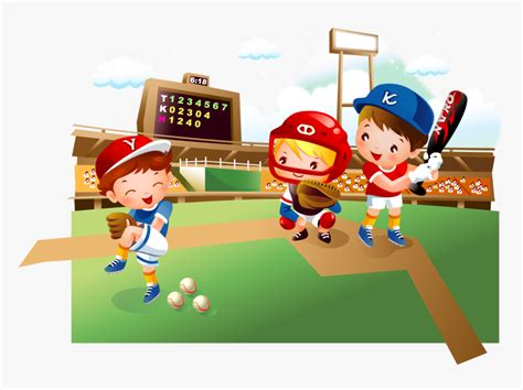 Cartoon Kids Playing Baseball
