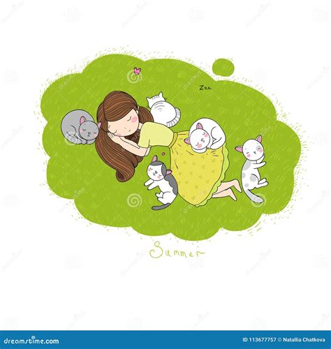 Sleeping Girl And Cat In Bed Good Night Stock Vector Illustration