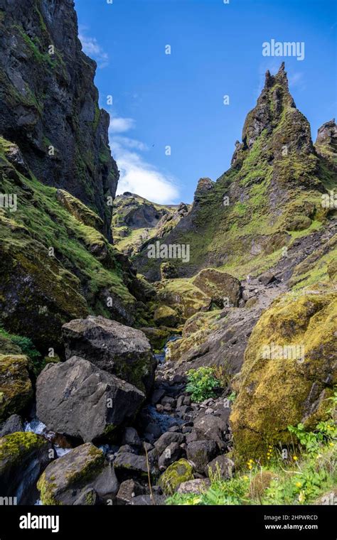 River In A Gorge Landscape With Mountains Pakgil Iceland Stock Photo
