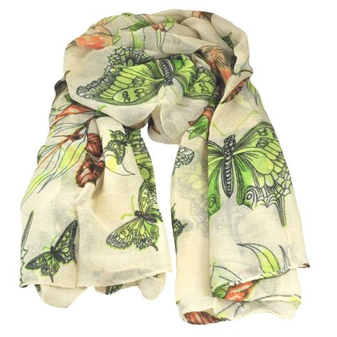 Butterfly And Birds Animal Print Ivory Lightweight Womens Shawl Scarf