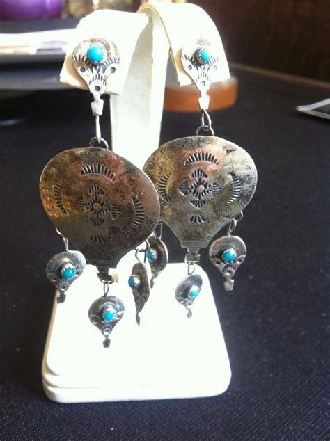Navajo Sterling Silver Turquoise Chandelier Earrings Signed E A