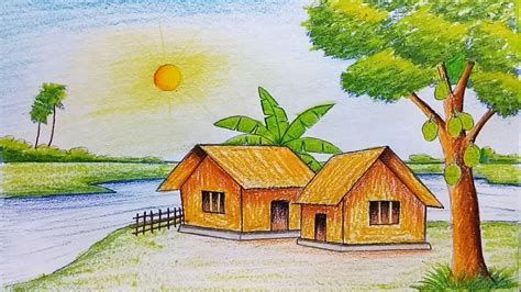How to draw scenery of flood with pencil. How to draw scenery of summer season step by step (very ...
