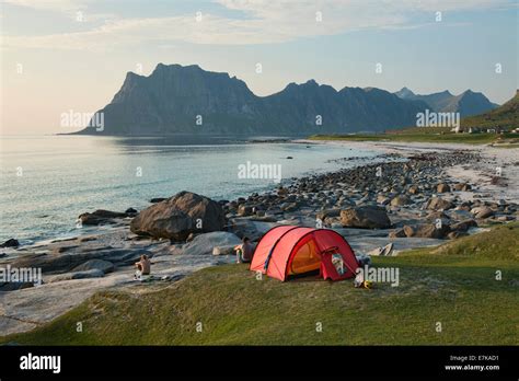 Camping On Beautiful Uttakleiv Beach In The Lofoten Islands Norway