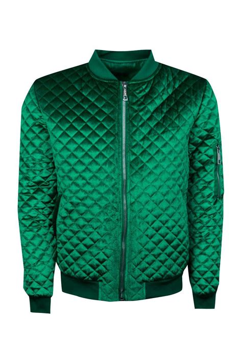 Boohoo Denim Emerald Diamond Quilted Velour Bomber Jacket In Green For