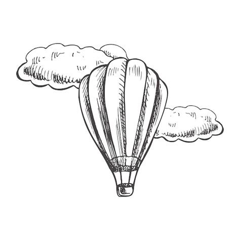 Boceto Dibujado A Mano De Globo De Aire Caliente Con Nubes Aisladas Sobre Fondo Blanco Vector