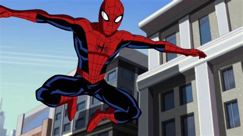 The Animated Spider Man Is Flying In Front Of Some Buildings