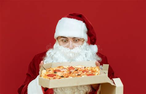 Hungry Santa Claus Isolated On Red Background With Burger And French