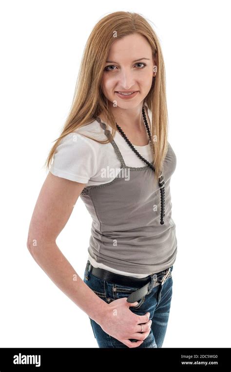 Three Quarter Portrait Of A Young Woman In Jeans White T Shirt And